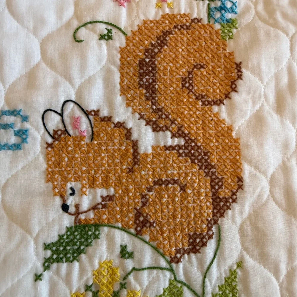 Vintage Hand Cross Stitch Baby Quilt Woodland Animals Love Is What Dreams 39x59